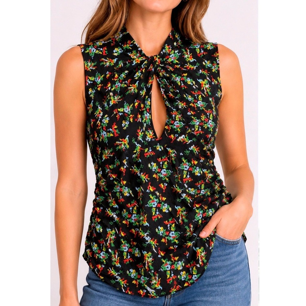 Lafayette 148 New York Frost Ditsy Sleeveless Twisted Collar Blouse US Size 6 - Picture 3 of 8